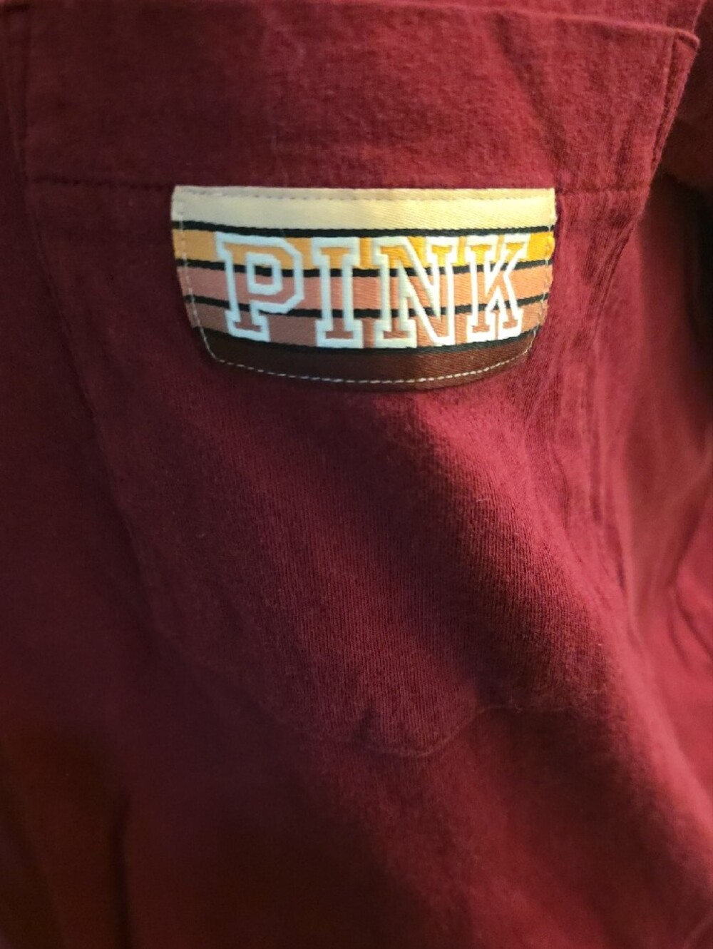 PINK Victoria's Secret Pocket Tee - Maroon with Multi-Stripe Patch - Picture 2 of 6